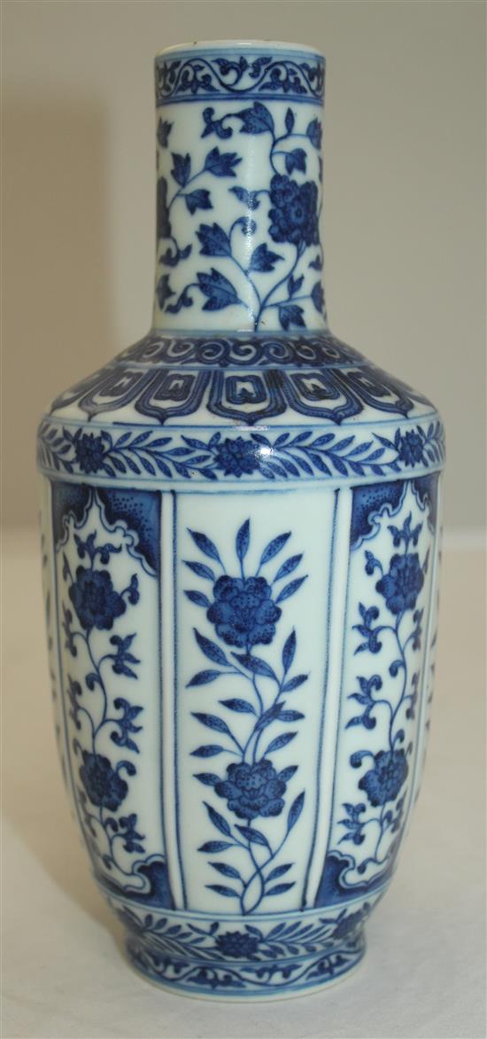 A Chinese blue and white bottle vase, Qianlong mark but later painted in Ming style, 20cm